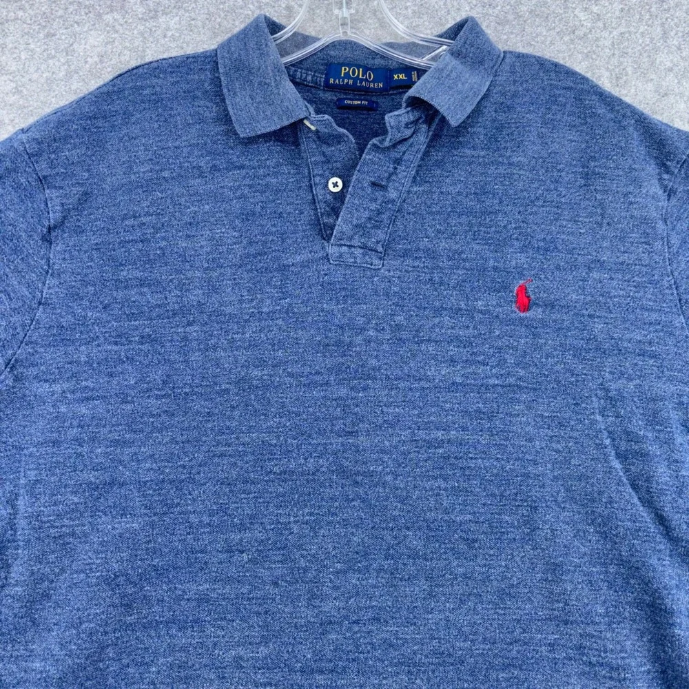 Polo Ralph Lauren Men XXL Blue Heathered Cotton Custom Fit Polo Shirt Red Pony